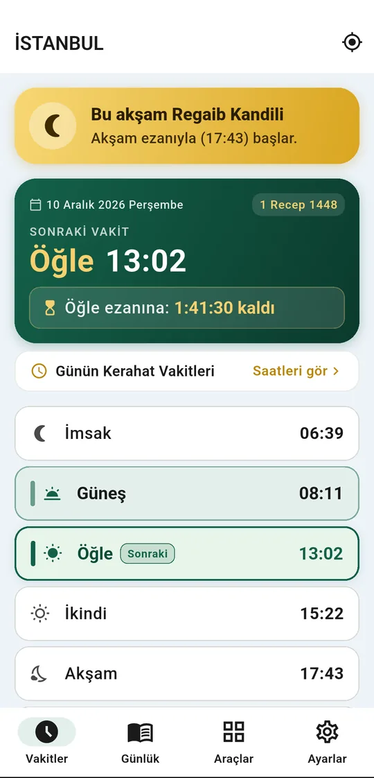 Vakitane uygulamasında günün namaz vakitleri ve sıradaki vakte kalan süre